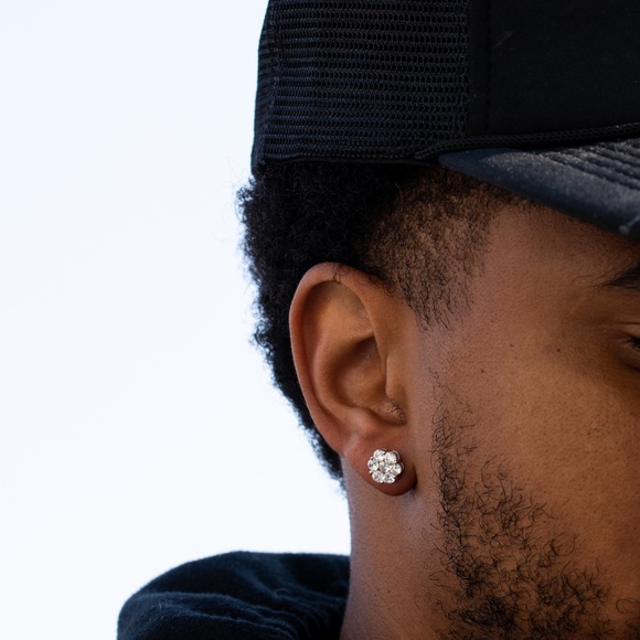 Iced White Gold Cluster 925 Sterling Silver Best Flower Screw Back Stud Earrings - Picture 5 of 5